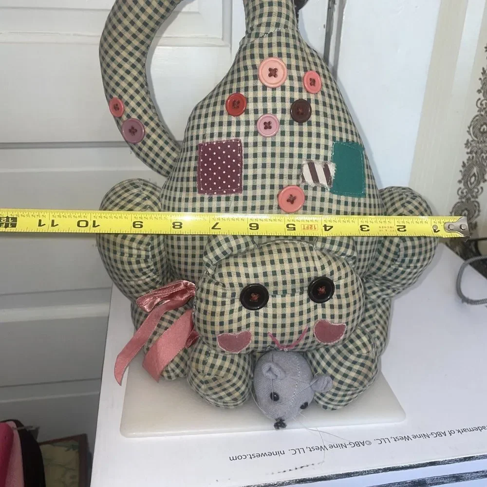 Vintage‎ Cloth Cat Doorstop Buttons Patches Ribbon Mouse